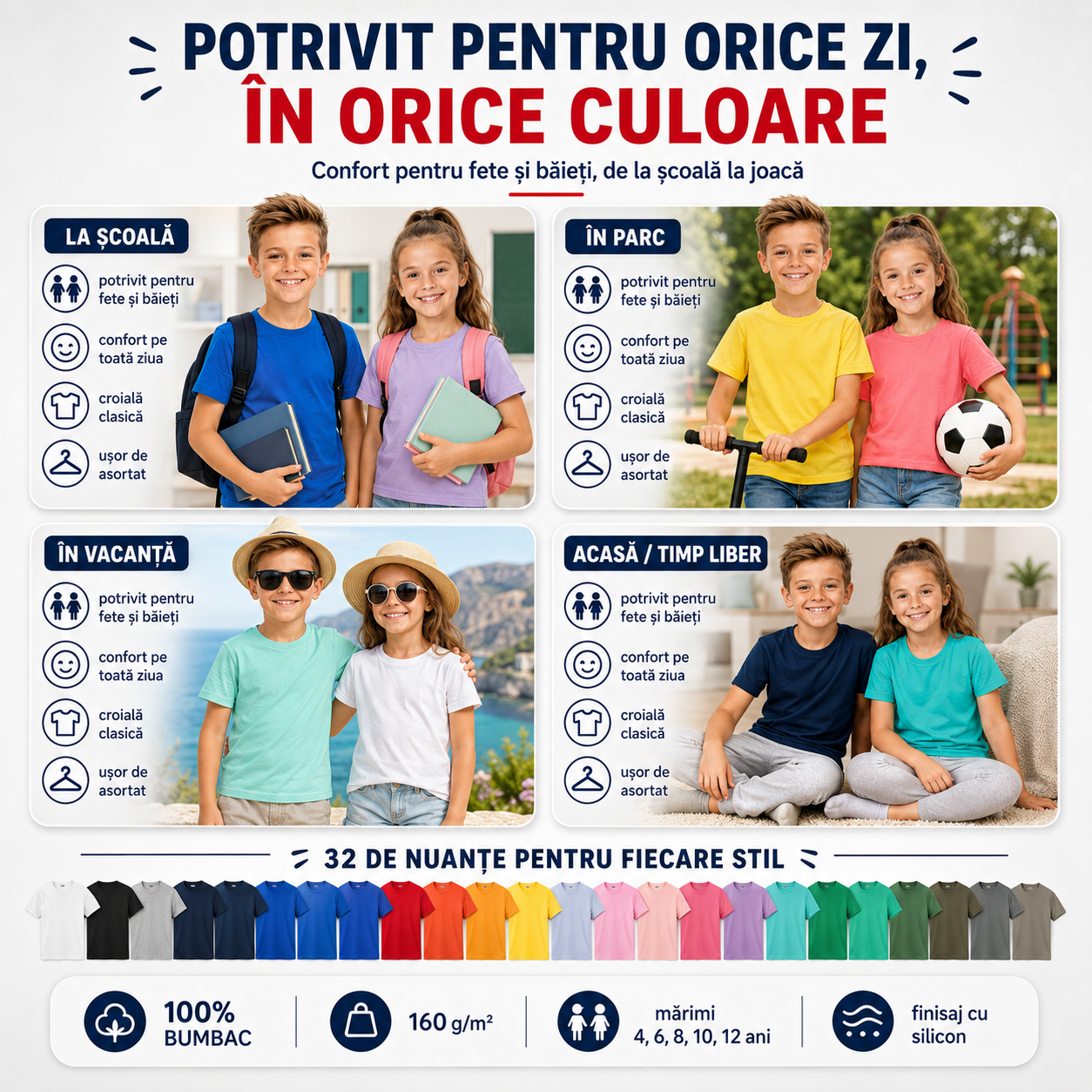 Tricou copii pentru școală, parc, vacanță și timp liber, disponibil &icirc;n mai multe culori